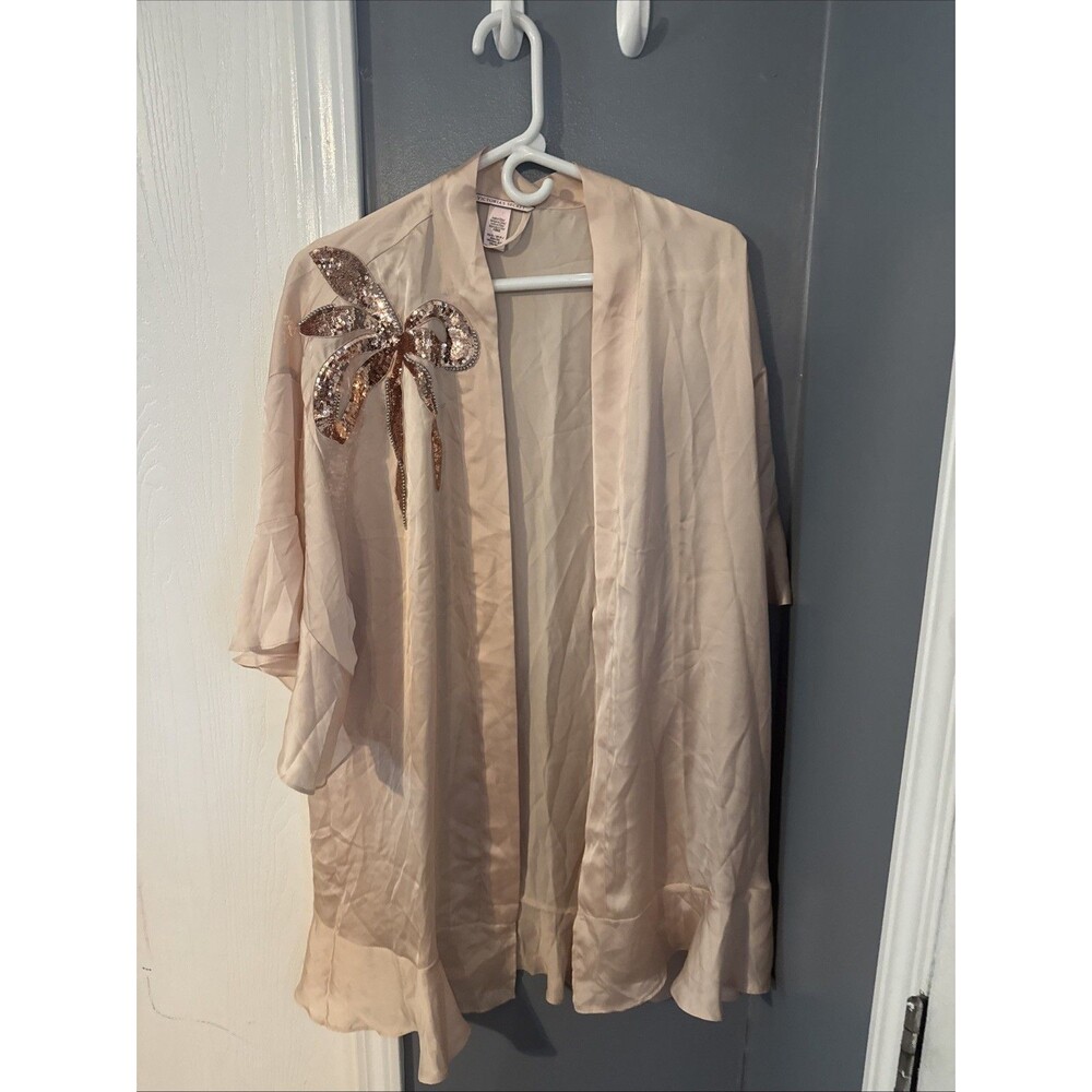 Victoria's Secret Satin Short Ruffle Robe sz S/m Champagne Sequin Bling Bow